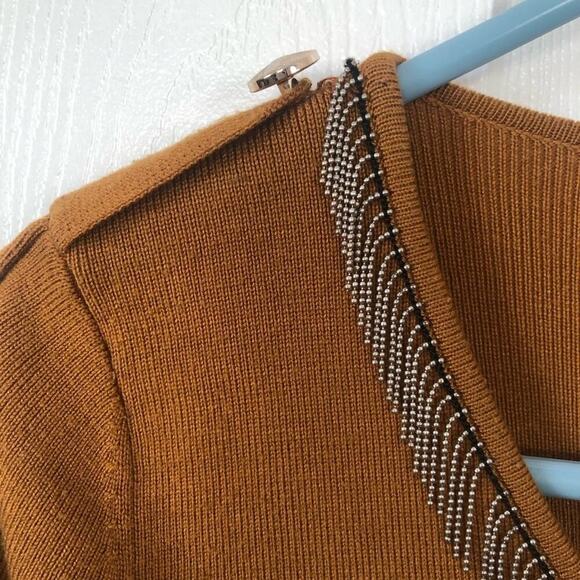Lonyuash size Small Knit Brown Sweater Dress Silver beading scoop neck party - Picture 4 of 8